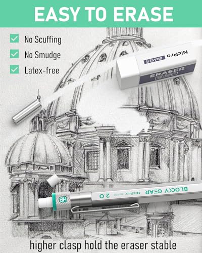 Nicpro 2.0 mm Mechanical Pencils Set, Metal Drafting Pencil with Case | HB 2B 2H 4B 4H Lead Refills, Erasers+9 Eraser Refill, Hexahedral Barrel, Mechanical Pencil Bulk, for Professional Sketching - size: 2.0 mm