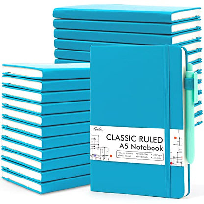 feela 24 Pack Journal Notebook Bulk for Work, Business Notebook Hardcover Lined Writing Journal with Pen Holder for Men Women Note Taking, with 24 Black Pens, 120 GSM, 5.1”x8.3”, A5, Teal - color: 24 Teal