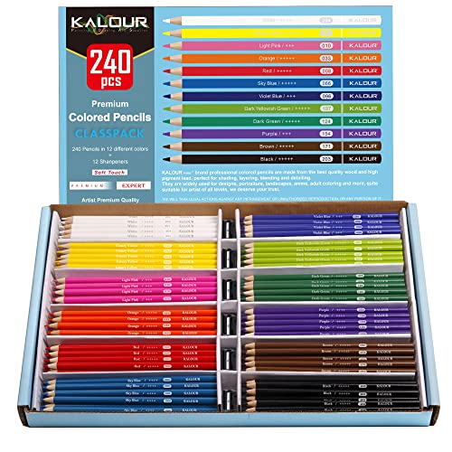 KALOUR Premium Colored Pencils Bulk,12 Assorted Vibrant Colors,240 Count Total,School Classroom Supplies For Kids Teachers,Pre-sharpened Artists Colored Pencils for Adult Coloring Book