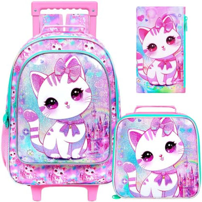 CCJPX 3PCS Rolling Backpack for Girls,Kids Cat Backpacks with Roller Wheels, Wheeled Bookbag with Lunch Box for Toddler Elementary School - color: White Cat