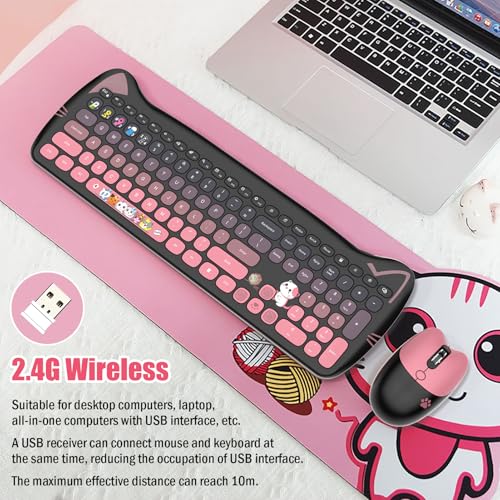 Cute Cat 2.4G USB Wireless Keyboard and Mouse Combo, Silent Keys, Candy Colors, Compatible with Notebook, PC (BlackPink-110Keys) - color: BlackPink-110Keys