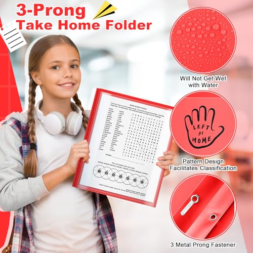 Henoyso 48 Pcs Plastic Folders with Clear Front Pockets and Prongs School to Home File Organizer Plastic Folder for Back to School Parent Teacher Communication Homework Office (Red)