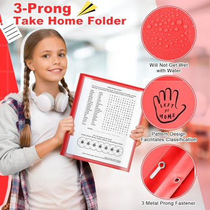 Henoyso 48 Pcs Plastic Folders with Clear Front Pockets and Prongs School to Home File Organizer Plastic Folder for Back to School Parent Teacher Communication Homework Office (Red)