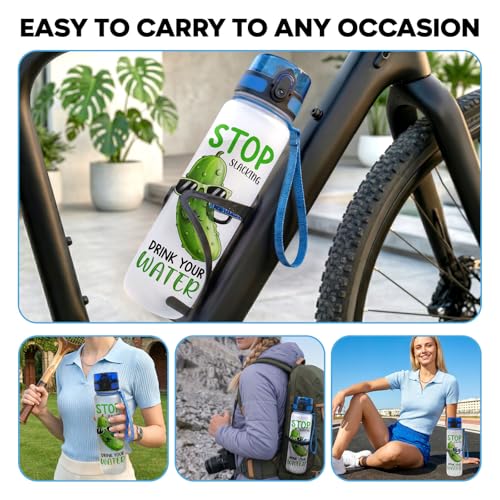 Funny Pickle Motivational Water Bottle 32 oz with Time Marker, Stop Slacking Drink Your Water Daily Hydration Tracker Jug for Women, Men, Adults, Gym, Office - color: Pickle