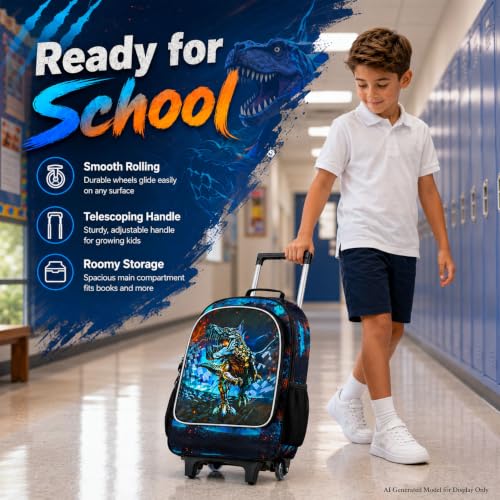 CCJPX 3PCS Dinosaur Rolling Backpack for Boys,Kids Backpacks with Roller Wheels, Wheeled Bookbag with Lunch Box for Toddler Elementary School-Black - color: Black Dinosaur