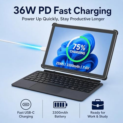 AWOW 10.1" Tablet with Keyboard, 2-in-1 Mini Laptop Tablet PC, Intel N150, 12GB RAM 256GB SSD, in-Cell Display, 36W PD Fast Charging, WiFi 6, BT 5.0, HDMI, Type-C, 8MP+5MP Camera