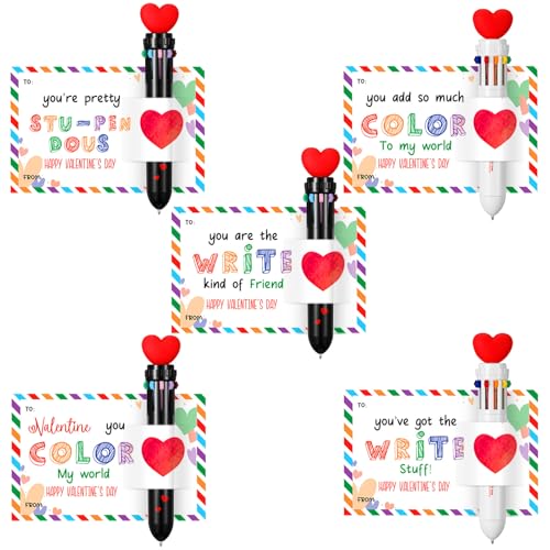Sabary 24 Set Valentines Day Card and Multicolor Pen Gift Greeting Card and Retractable Multicolored Pen for Kids School Valentine's Day Student Classroom Exchange Gift Party Favor (Heart,10-in-1) - style: Heart,10-in-1