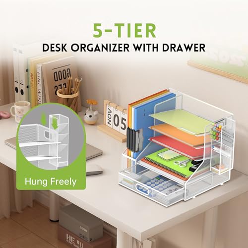 5-Tier Desk Organizer with File Holder & Pen Holder & Sliding Drawer, White | Mesh Metal Paper Letter Tray for Papers, Mail, Office Supplies, and Desk Accessories - color: White