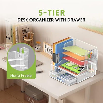 5-Tier Desk Organizer with File Holder & Pen Holder & Sliding Drawer, White | Mesh Metal Paper Letter Tray for Papers, Mail, Office Supplies, and Desk Accessories - color: White