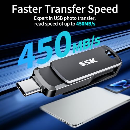 SSK 128GB USB Flash Drive,Up to 450MB/s Read,2 in 1 USB C+A Thumb Drive | USB 3.2 Gen 2 Memory Stick, 1GB in 2.3s, Zinc Alloy Keyhole, for iPhone 15/16/17, Android, Laptop, Car Audio - size: 128GB
