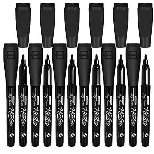 Scribbledo 12 Pack Magnetic Dry Erase Markers Black Fine Tip Whiteboard Markers with Eraser Cap Thin Low Odor Skinny White Board Markers for Adults Students Teachers Art Home School & Office - style: 12 Pack