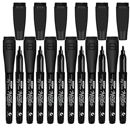 Scribbledo 12 Pack Magnetic Dry Erase Markers Black Fine Tip Whiteboard Markers with Eraser Cap Thin Low Odor Skinny White Board Markers for Adults Students Teachers Art Home School & Office - style: 12 Pack