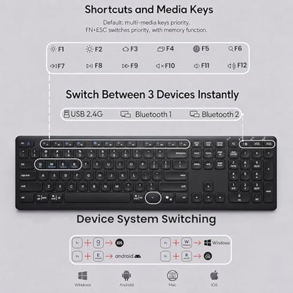 Wireless Bluetooth Keyboard, Full Size Multi-Device Keyboard for PC, Laptop | Connect Up to 3 Devices With Bluetooth or Usb and Enjoy Quiet, Comfortable Typing All Day.