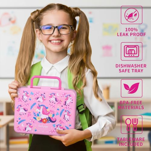 rockpapa Chill Bento Box for Kids- Large 5.5 Cups Lunch Box with Ice Pack - 5 Compartments, BPA-Free, Leak Proof, with Utensils & Portable Handle, Microwave/Dishwasher Safe (Pink Fairies) - color: Pink Fairies