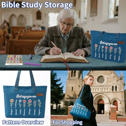 25 PCS Bible Study Supplies Kit, Large Capacity Canvas Tote Bag for Women Organizer, Bible Highlighters and Quick Dry Pens No Bleed Through, Notebook Bible Tabs Cross Bookmark Journaling Accessories - color: Blue