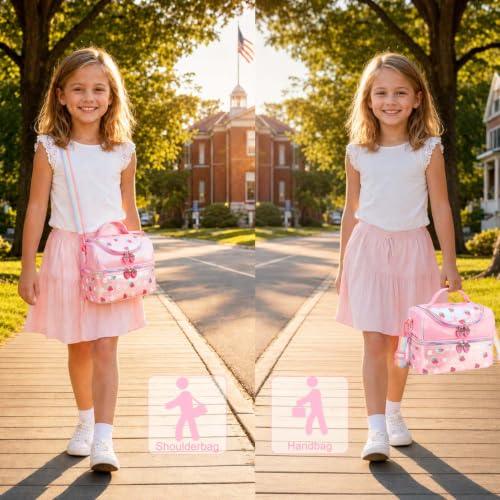 RHCPFOVR Kids Lunch Bag - Double Decker Cooler Insulated Lunch Box for Girls,Washable Lunch Bag and Reusable Toddler Lunchbox for School and Daycare - color: Strawberry
