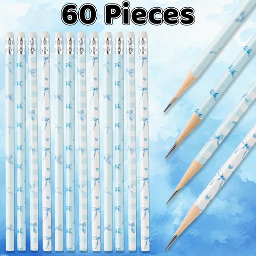 Xqumoi Coquette Blue Bow Pencils with Eraser - Preppy Bow #2 HB Pencils, Classroom Student Rewards, School Office Supply, Party Goodie Bag Fillers Stuffers, Baby Shower Party Favors - style: Blue Bow