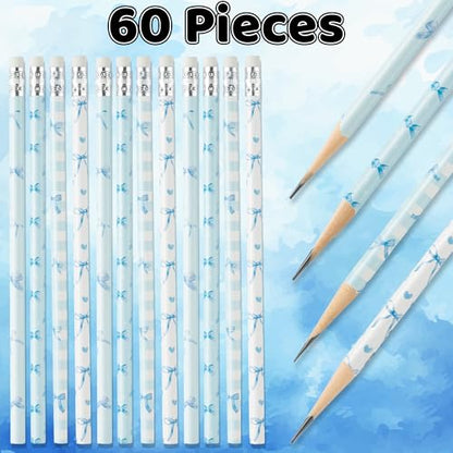 Xqumoi Coquette Blue Bow Pencils with Eraser - Preppy Bow #2 HB Pencils, Classroom Student Rewards, School Office Supply, Party Goodie Bag Fillers Stuffers, Baby Shower Party Favors - style: Blue Bow