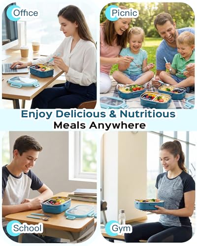 Lille Home 28oz Stainless Steel Leakproof 2-Compartment Bento Lunch Box/Portion Control Food Container with Lunch Bag and Cutlery Set, BPA Free (Light Blue) - color: Light Blue
