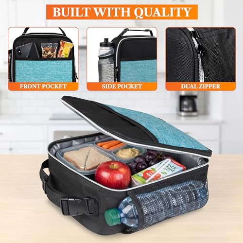 opux Insulated Lunch Bag for Kids Boys Girls, Small Compact Lunch Box with Wide Opening & Mesh Pockets, Reusable Lunch Pail for School, Work, Adults, Men, Women, Turquoise - color: Heather Sea Blue