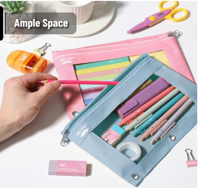 Mr. Pen- Pencil Pouch for 3 Ring Binder, 30 Pack, 10"x6.75", Smooth Zipper | Clear Window, Bulk Large Capacity Pencil Case with 3 Reinforced Grommets for School, Office, Supplies Storage | Clear Window, Bulk Large Capacity Pencil Case with 3 Reinforced Gr