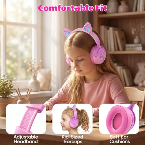 Kids Bluetooth Headphones with LED Cat Ears, Active Noise Cancelling Headphones for Kids, 85dB Safe Volume, 40H Play Time, Bluetooth 6.0, Fast Charging, Built-in Mic for iPad/Tablet/Airplane, Pink - color: Pink