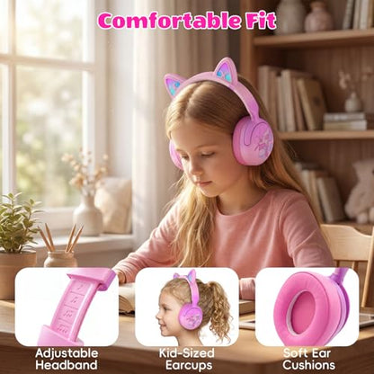 Kids Bluetooth Headphones with LED Cat Ears, Active Noise Cancelling Headphones for Kids, 85dB Safe Volume, 40H Play Time, Bluetooth 6.0, Fast Charging, Built-in Mic for iPad/Tablet/Airplane, Pink - color: Pink