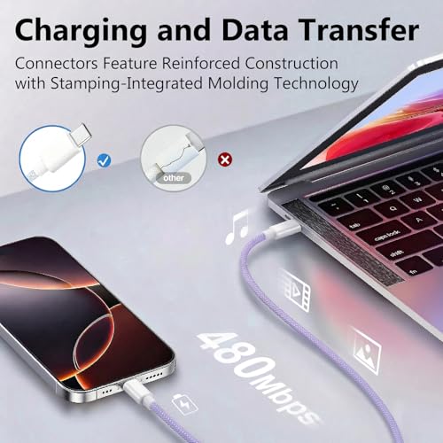 USB C to C Charger Cable, 60W, 6FT, 2-Pack, Purple | Fast Charging, Braided Nylon, for iPhone 17/16/15, MacBook iPad, Galaxy S25/S24 - color: Purple, size: 6FT+6FT