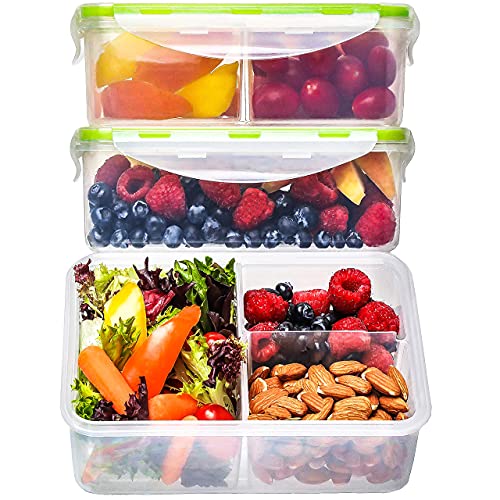 FIT Strong & Healthy Bento Box for Kids and Adults - Reusable Lunch Box Containers, Meal Prep 3 Compartment Food Container - Dishwasher, Freezer, Microwave Safe Food Storage (Clear, 39 oz, 3 Pack) - size: 3 Pack, 39 oz