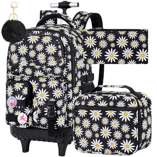 CCJPX Rolling Backpack for Girls, 3Pcs Roller Wheeled School Bookbag, Daisy Wheels Backpacks with Lunch Box for Kids (Black) - color: Daisy Black