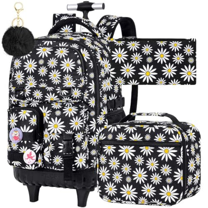 CCJPX Rolling Backpack for Girls, 3Pcs Roller Wheeled School Bookbag, Daisy Wheels Backpacks with Lunch Box for Kids (Black) - color: Daisy Black