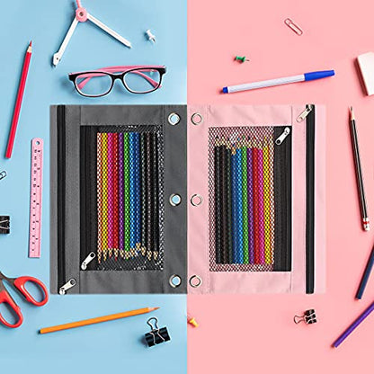 Pencil Pouch 3 Ring Binder Pouch Zippered Pencil Case Canvas Pencil Bag with 2 Compartments (Set of 2, Pink and Grey) - color: Pink and Grey