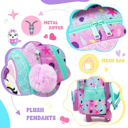 Cute Cat Rolling Backpack with Wheels for Elementary Preschool Students Kids Travel Luggage Carry on Backpack for Girls Ages 6-8 - color: 01 Mermaid Cat