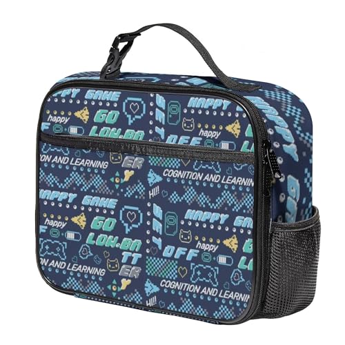 WOBAGMEN Game Lunch Box for Kids, Cute Insulated Lunch Bag for Boys Girls,Waterproof Lunch Box with Water Bottle Holder for Teens Adults Picnic Travel Back to School (Happy Game) - color: Happy Game