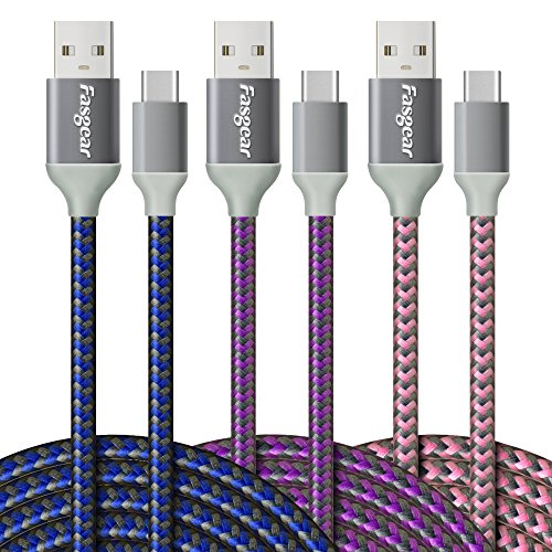 Fasgear USB C to USB A Cables, 3 Pack, 10ft, Blue/Purple/Pink | 3A Fast Charging, Type C 2.0, Nylon Braided, Compatible with Galaxy S20 Note 10 S9 S8 A70 A60 A51/LG V20 G6/Moto G/PS5 - color: Blue/Purple/Pink