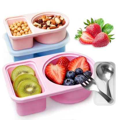 3 Pcs Reusable Snack Containers With Lids,Silicone Snack Containers,Meal Prep Containers,8 Oz Silicone Lunch Box,Includes 304 Stainless Steel Fork & Spoon(3 Color)