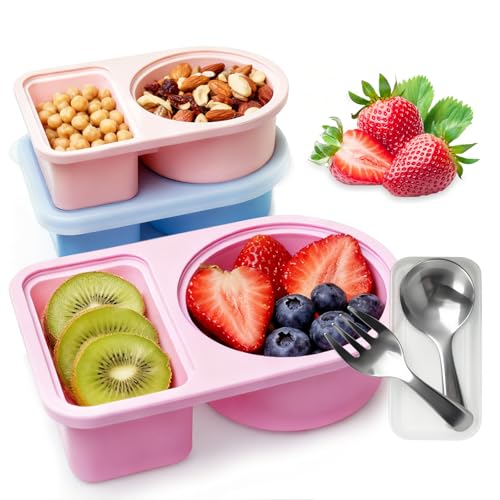 3 Pcs Reusable Snack Containers With Lids,Silicone Snack Containers,Meal Prep Containers,8 Oz Silicone Lunch Box,Includes 304 Stainless Steel Fork & Spoon(3 Color)
