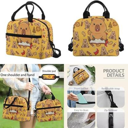 6-12 Girls School Bookbag Set with Insulated Lunch Box, Pencil Case & Water Bottle Holder - Cute Studying Capybara Lightweight Daypack for Back to School Season - color: Studying Capybara