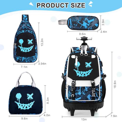 Bevalsa Rolling Backpack for Boys, Roller Backpack with Wheels, Wheeled School Bag with Sling Bag, Lunch Box & Pen Case for Kids Children Teens Elementary Middle Student Glow In The Dark - color: Smile