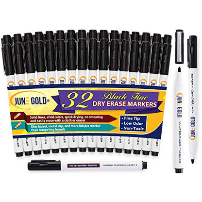 June Gold 32 Black Dry Erase Whiteboard Markers, Fine/Bullet Tip, Slim | Low Odor & Vivid Lines