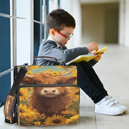 3 Ring Zipper Binder Highland Cow Sunflower Binders Bag with Shoulder Strap 500 Sheets Paper Organizer Trapper Keeper Documents Storage File Folder for School Office - color: A2842