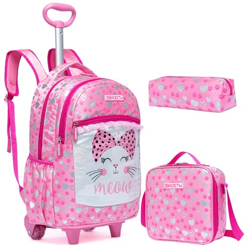 Rolling Backpack for Girls Rolling Backpack with Wheels Pink Backpacks for Girls Elementary Primary Students with Lunch Bag - color: Pink Cat