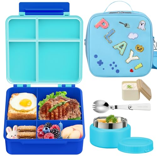 Kids Bento Box - 4 Compartment, Leak-Proof, with Soup Thermo | 9oz Soup Thermo Included, Insulated Lunch Bag, For Boys & Girls, School & Travel - color: Play-Blue