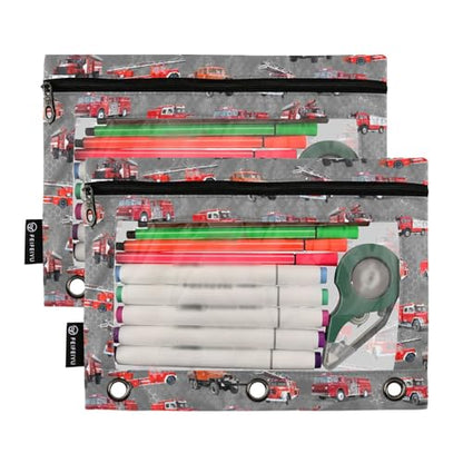 Fire Truck Pencil Pouch for 3 Ring Binder, Binder Pencil Pouches with Clear Window Zipper Pencil Case for Office College Supplies, 2PCS (B0306) - color: B0306