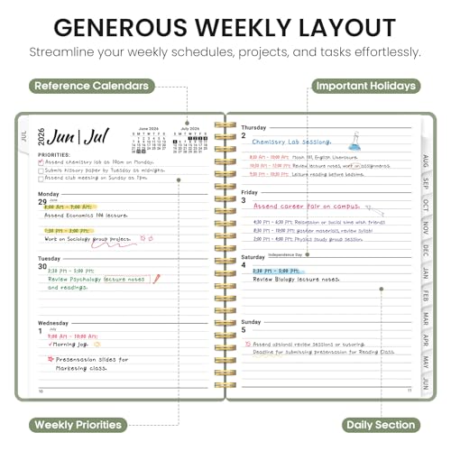 Planner 2026-2027, 6.3" x 8.5" Weekly and Monthly Academic Year Planner Calendar, July 2026 - June 2027, Hardcover Large School Planning Agenda With Tabs, Perfect for School & Office Supplies, A5, Green - color: A-Green, size: A5(6.3"x8.5")