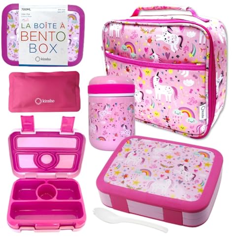 Bento Lunch Box for Kids with Thermo Food Jar for Hot Food Soup, Insulated Lunch Bag and Ice Cold Pack Set, Stainless Steel Lunch Thermal, Girls Container Boxes with 4 Compartments, Pink Unicorn - color: Lt Pink Unicorn Set