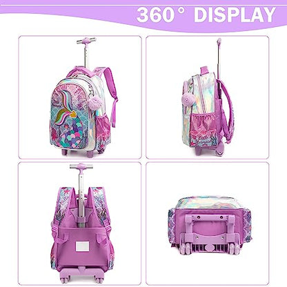 Meetbelify Mermaid Backpack with Wheels for Girls Rolling Backpack for Elementary Student Kids School Bag with Wheels Travel Luggage for Girls Age 6-8 - color: Mermaid Gold Love