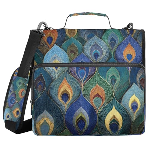 Zipper Binder Peacock Feather Ethnic 1.5 inch 3 Ring Binder Bag with Multiple Pockets, 500 Sheet Capacity with Shoulder Strap - color: Multicolored