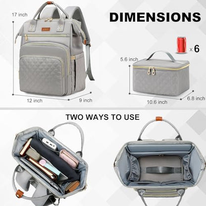 AIJIEKE Lunch Backpack for Women, 15.6 Laptop Backpack, Lunch Box, Gray | Water resistant computer bag with insulated leakproof cooler. Travel meal prep backpack for nurse, teacher, college commute - color: Grey