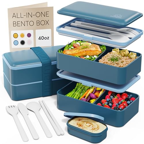 Umami Bento Box Adult, Leakproof, All-in-1 Lunch Containers for Adults | 40 oz, microwave & dishwasher safe, 4 utensils & sauce jar included, stackable, BPA-free, Denim Blue - color: Denim Blue, size: M - 40 oz